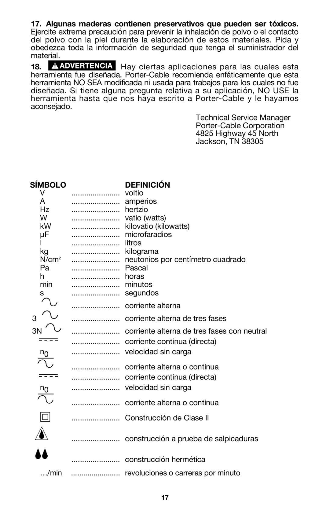 Porter-Cable 7416 instruction manual Símbolo Definición 