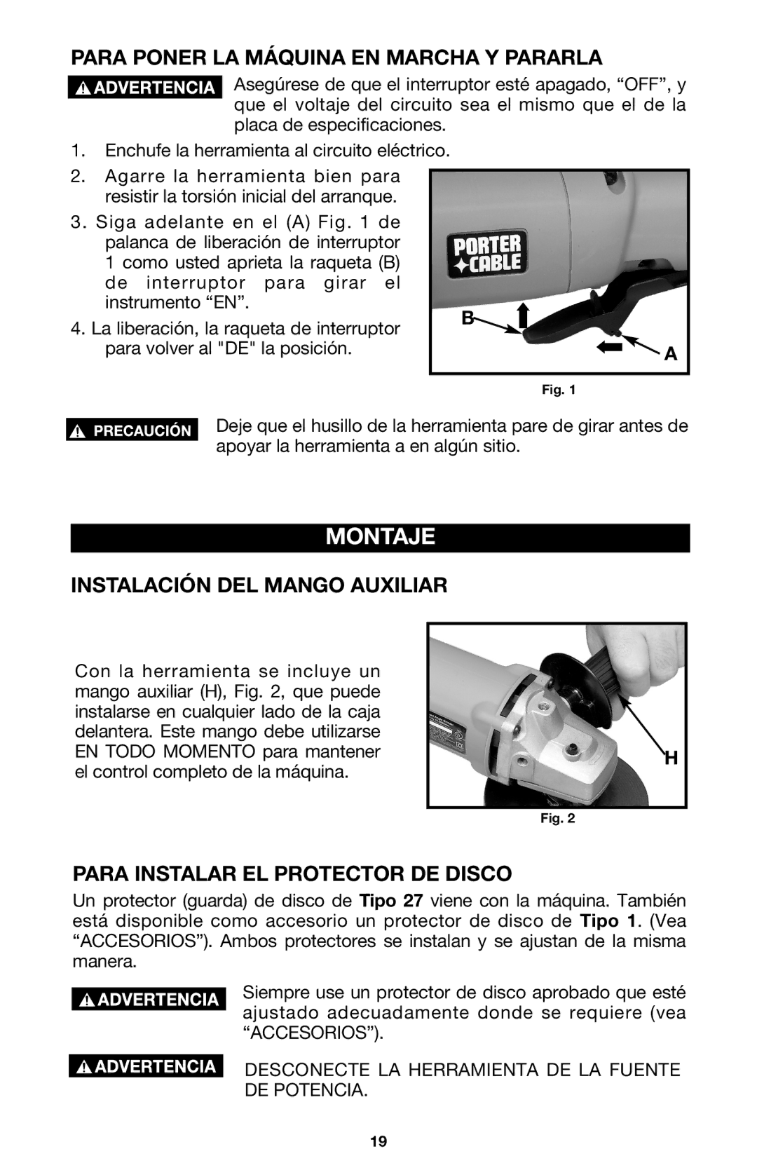 Porter-Cable 7416 instruction manual Montaje, Para Poner LA Máquina EN Marcha Y Pararla, Instalación DEL Mango Auxiliar 