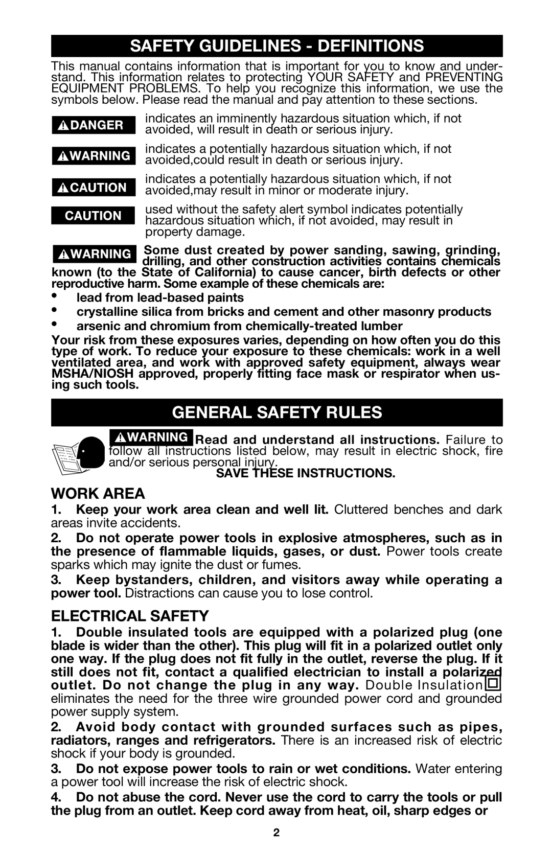 Porter-Cable 7416 instruction manual Safety Guidelines Definitions, General Safety Rules, Work Area, Electrical Safety 