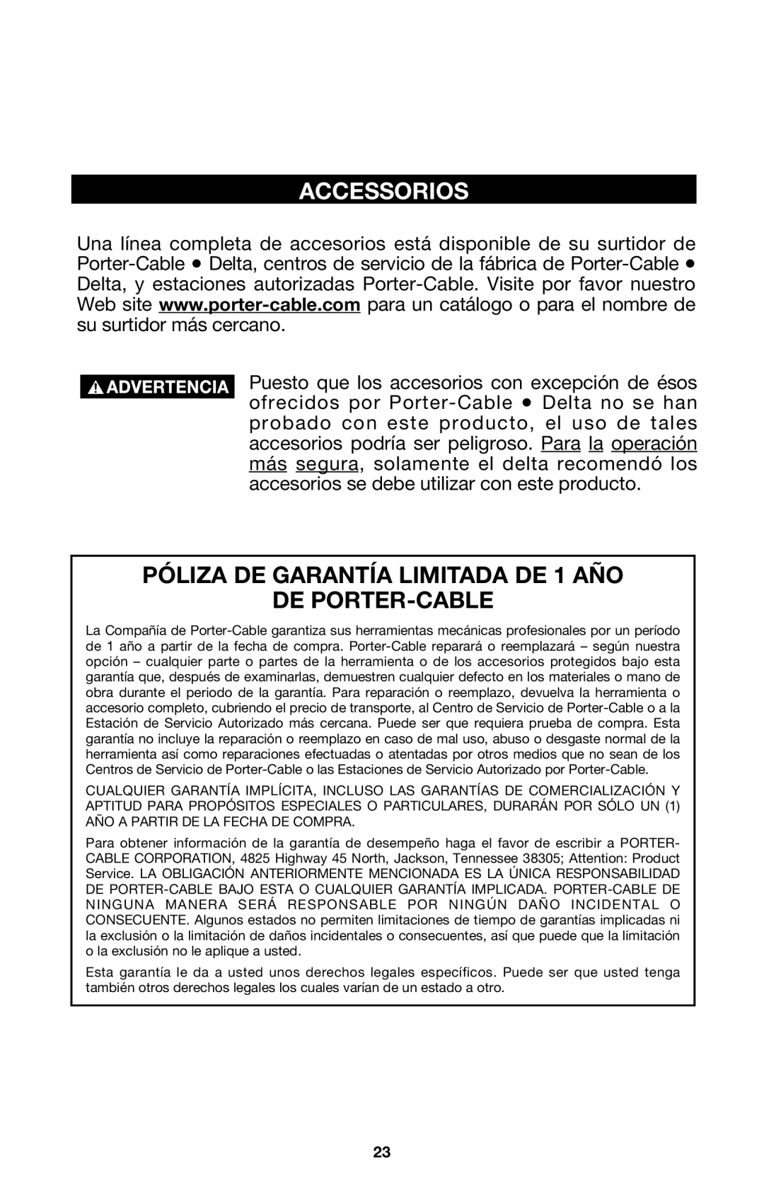 Porter-Cable 7416 instruction manual Accessorios, Póliza DE Garantía Limitada DE 1 AÑO DE PORTER-CABLE 