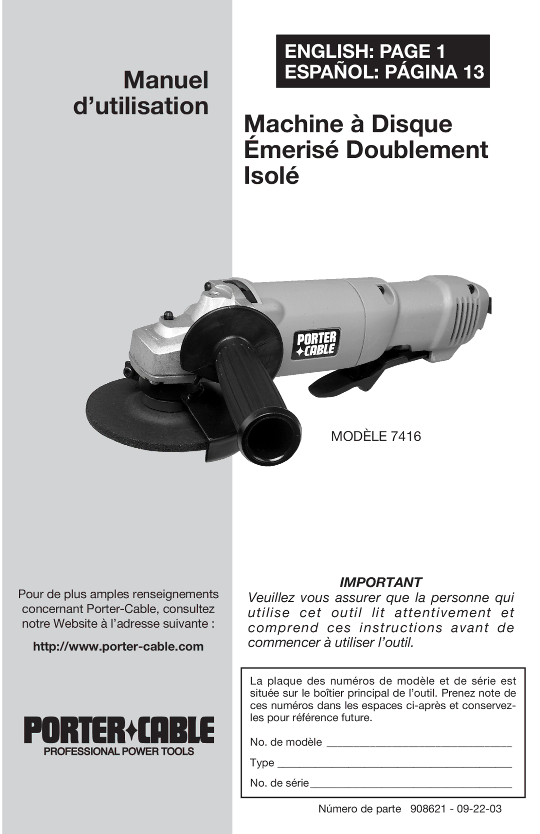 Porter-Cable 7416 instruction manual ’utilisation Machine à Disque Émerisé Doublement Isolé 