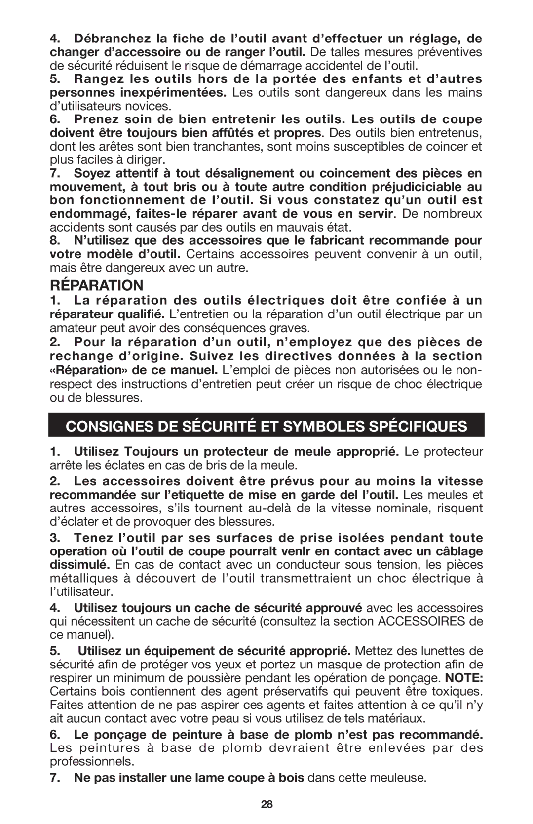 Porter-Cable 7416 instruction manual Réparation, Consignes DE Sécurité ET Symboles Spécifiques 