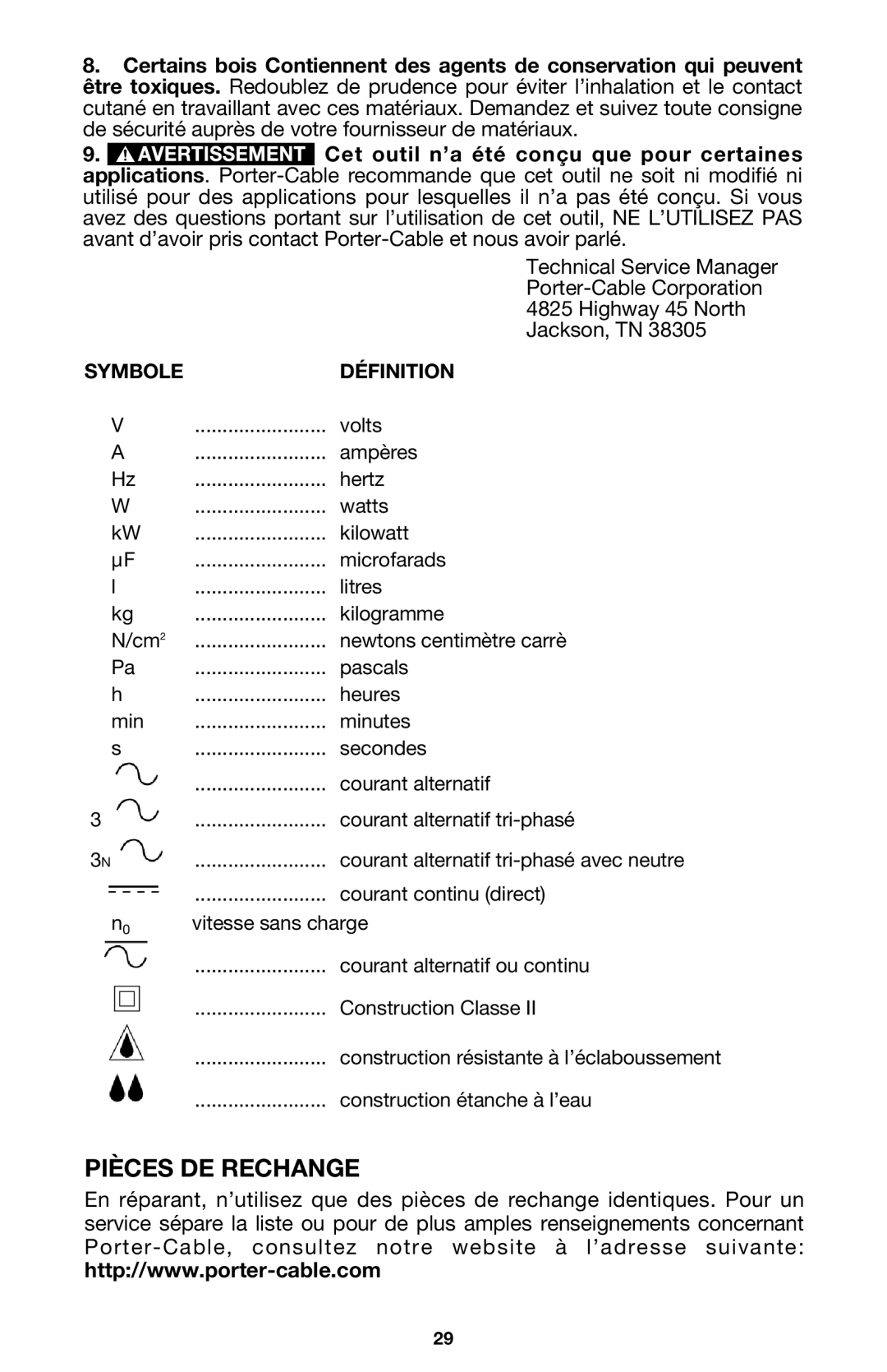 Porter-Cable 7416 instruction manual Pièces DE Rechange, Symbole Définition 