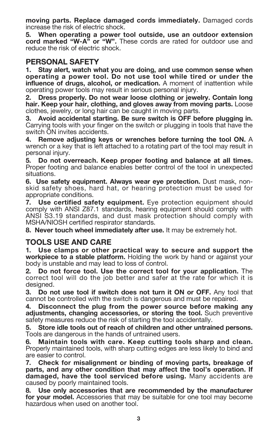 Porter-Cable 7416 instruction manual Personal Safety, Tools USE and Care 