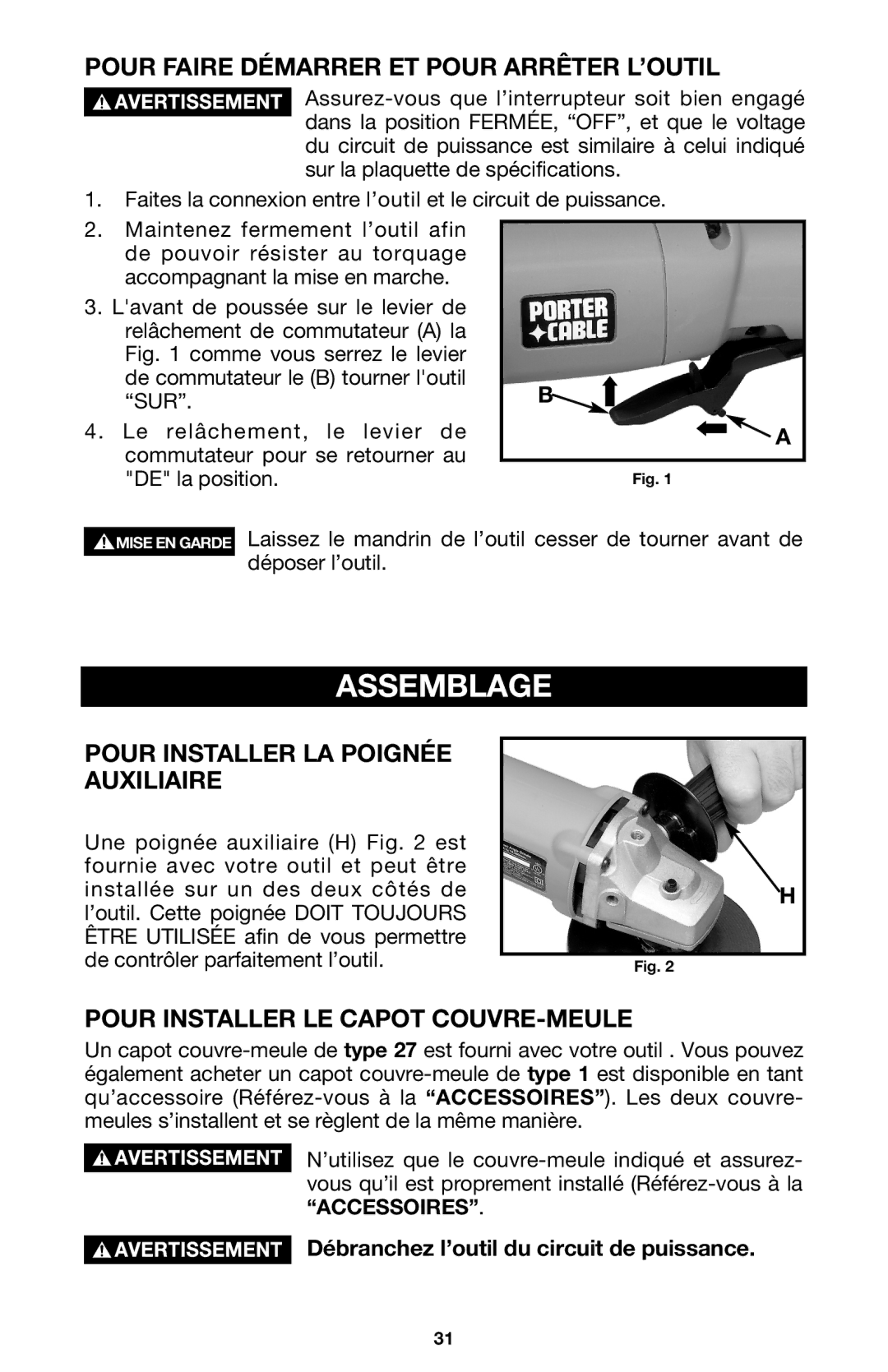 Porter-Cable 7416 instruction manual Pour Faire Démarrer ET Pour Arrêter L’OUTIL, Pour Installer LA Poignée Auxiliaire 