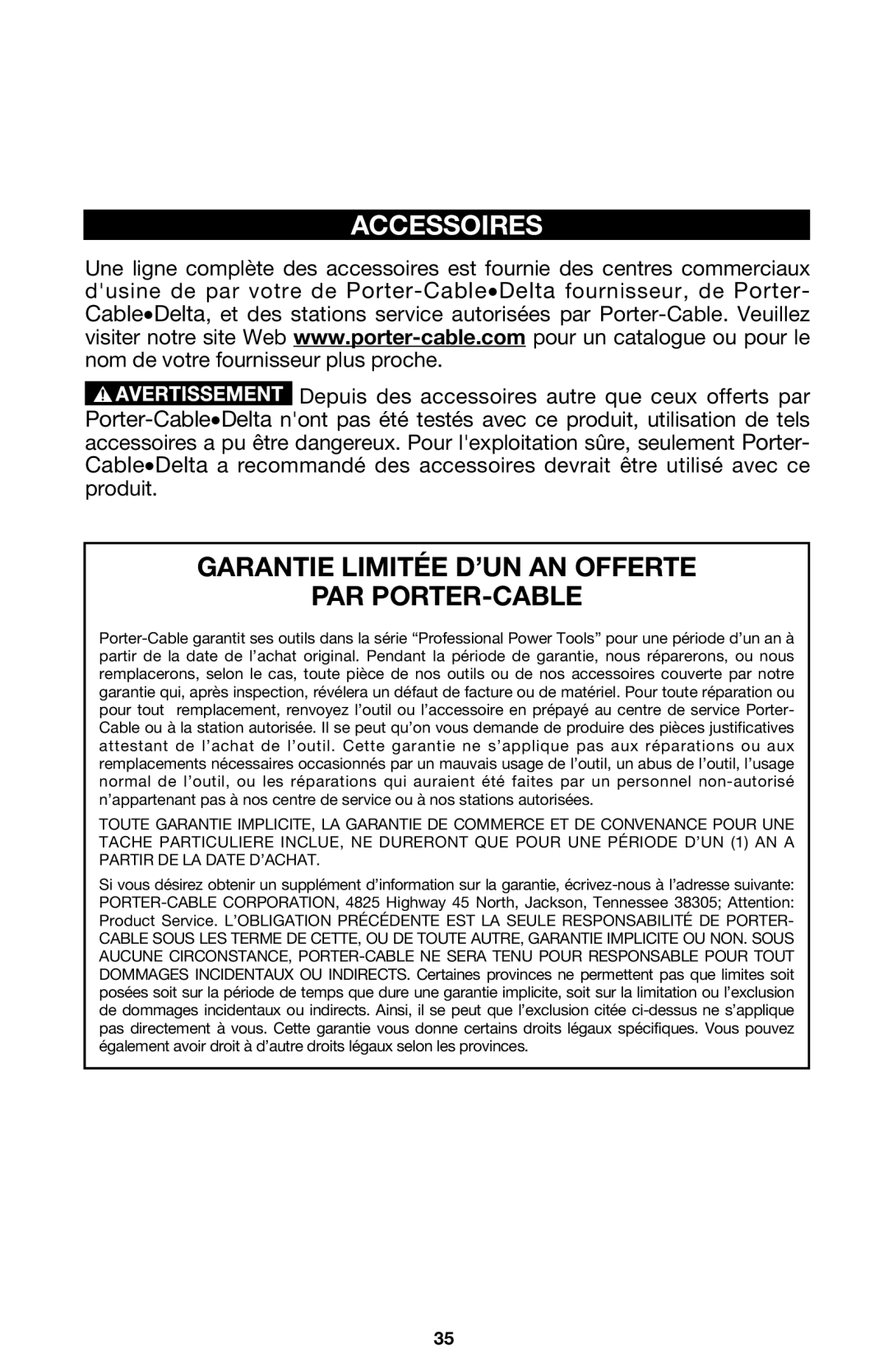 Porter-Cable 7416 instruction manual Accessoires, Garantie Limitée D’UN AN Offerte PAR PORTER-CABLE 