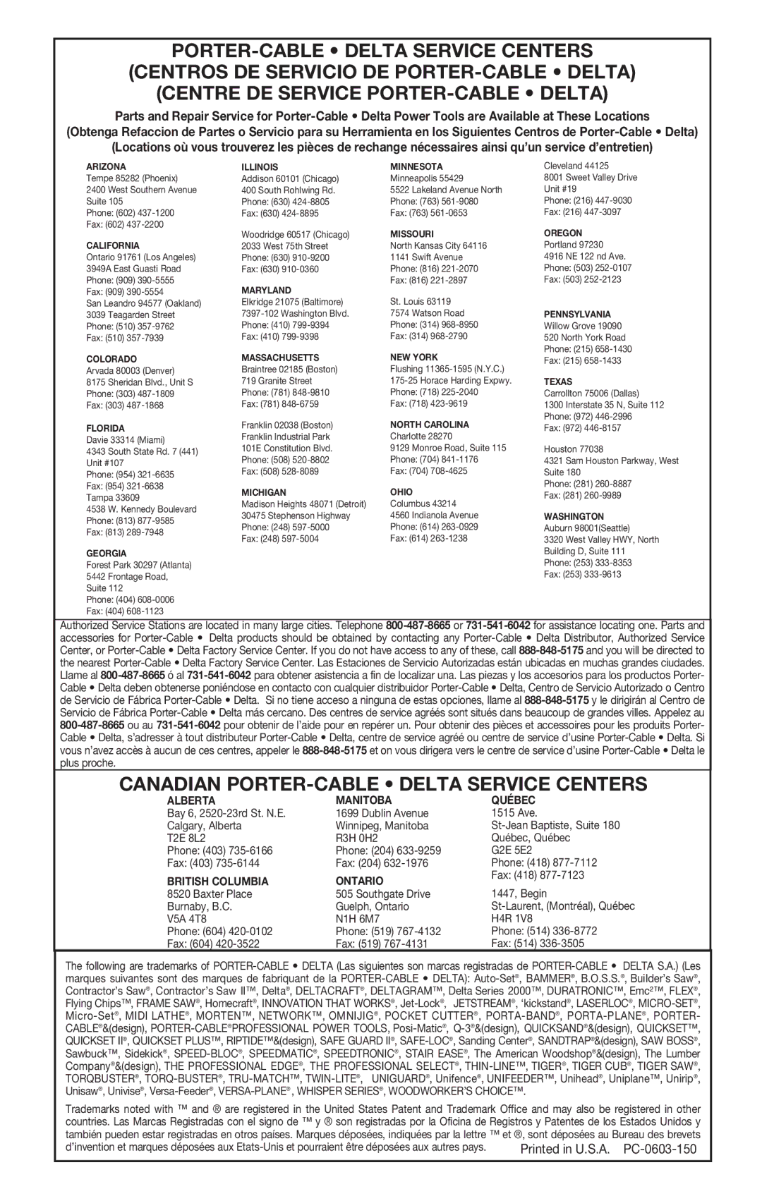 Porter-Cable 7416 instruction manual Canadian PORTER-CABLE Delta Service Centers 