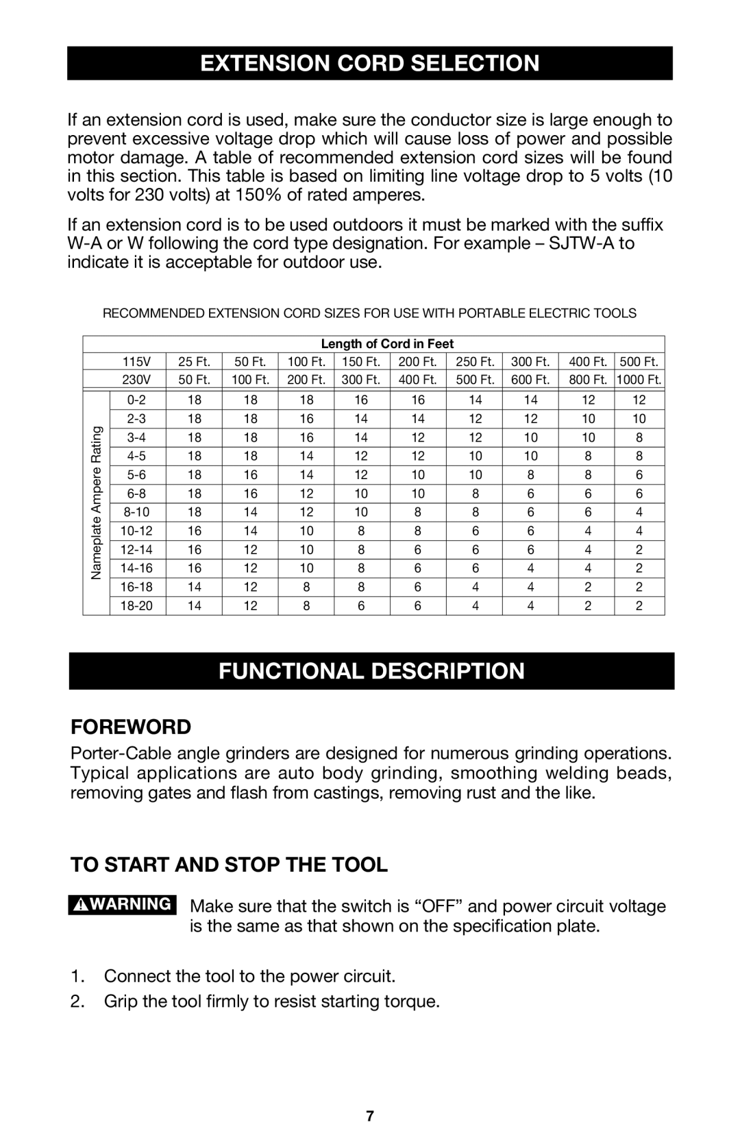 Porter-Cable 7416 instruction manual Extension Cord Selection, Functional Description, Foreword, To Start and Stop the Tool 