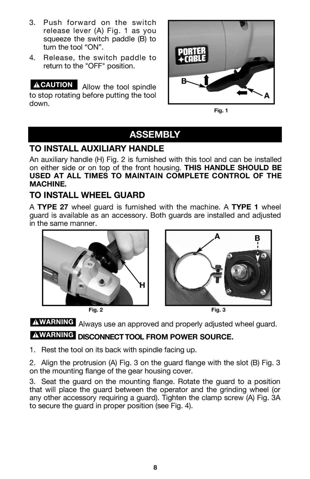 Porter-Cable 7416 instruction manual Assembly, To Install Auxiliary Handle, To Install Wheel Guard 