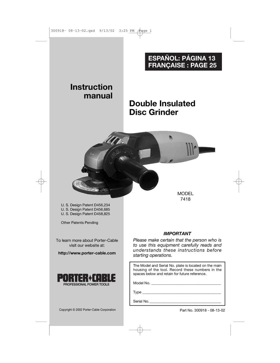 Porter-Cable 7418 instruction manual Instruction Manual Double Insulated Disc Grinder 