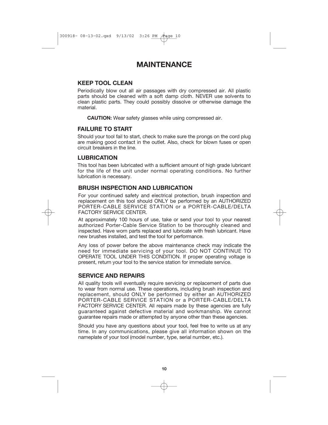 Porter-Cable 7418 instruction manual Maintenance 