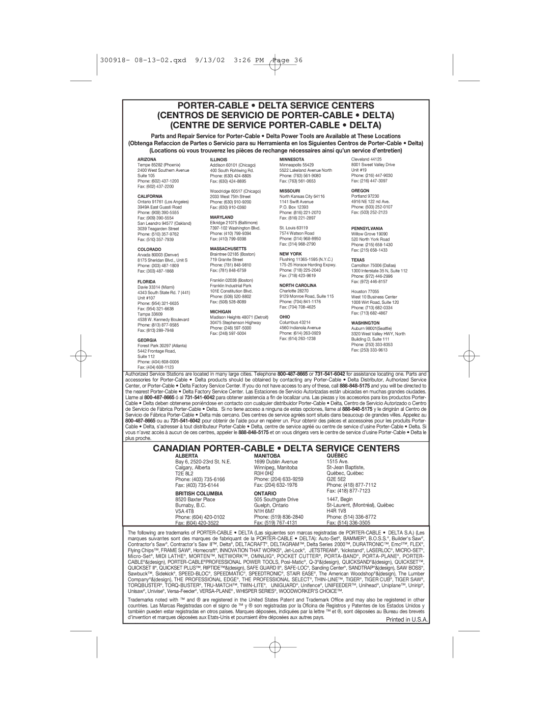 Porter-Cable 7418 instruction manual Canadian PORTER-CABLE Delta Service Centers 