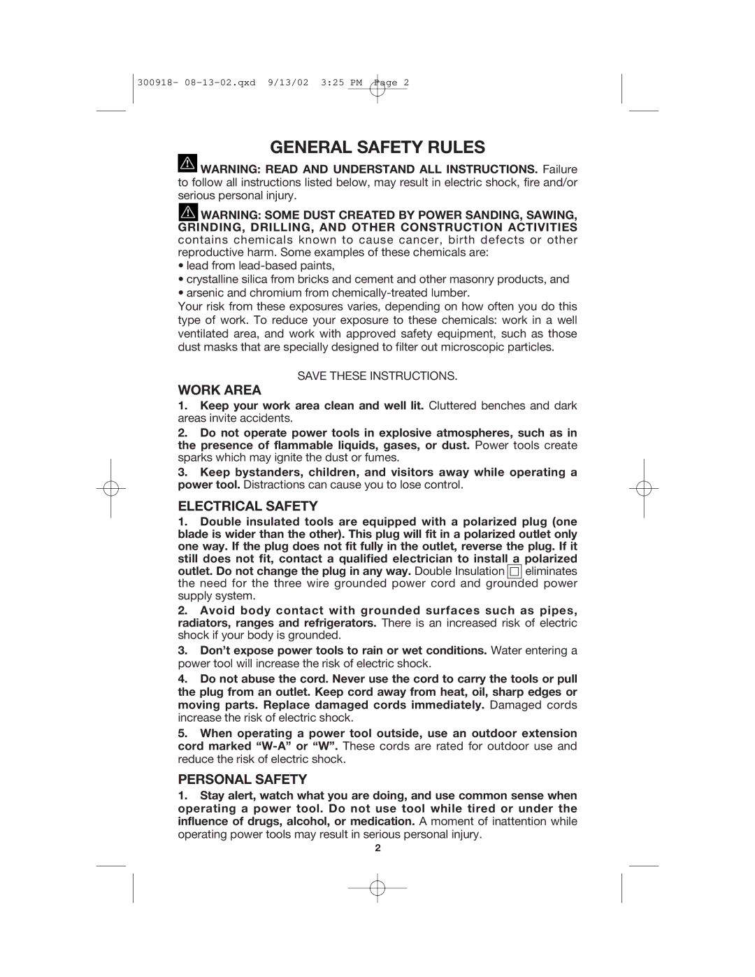 Porter-Cable 7418 instruction manual General Safety Rules, Work Area, Electrical Safety, Personal Safety 