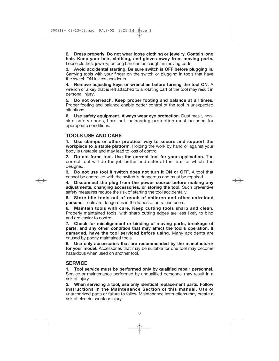 Porter-Cable 7418 instruction manual Tools USE and Care, Service 