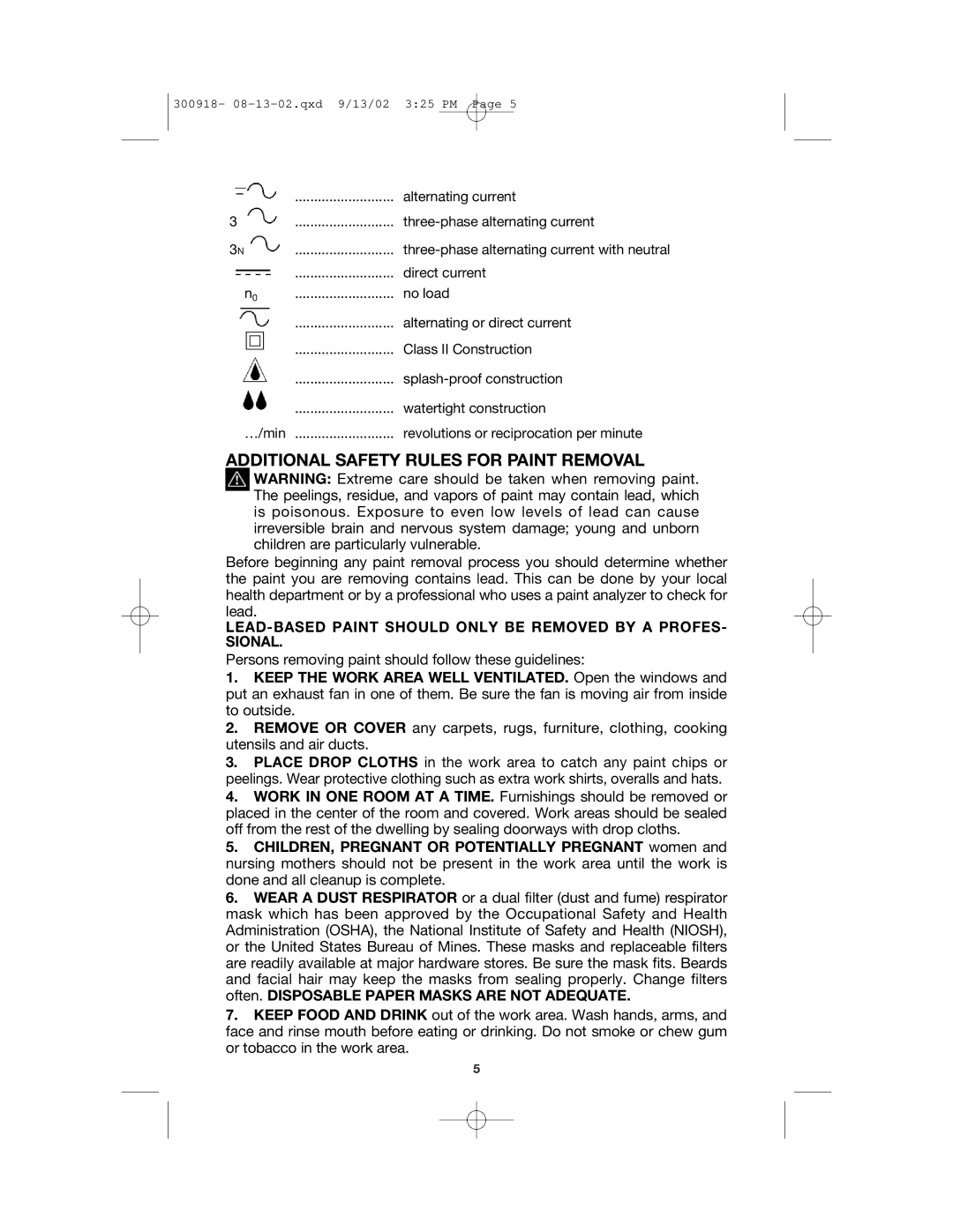 Porter-Cable 7418 instruction manual Additional Safety Rules for Paint Removal 