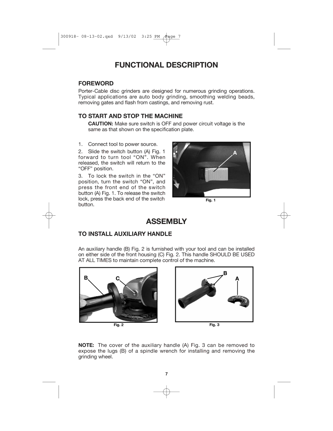 Porter-Cable 7418 Functional Description, Assembly, Foreword, To Start and Stop the Machine, To Install Auxiliary Handle 