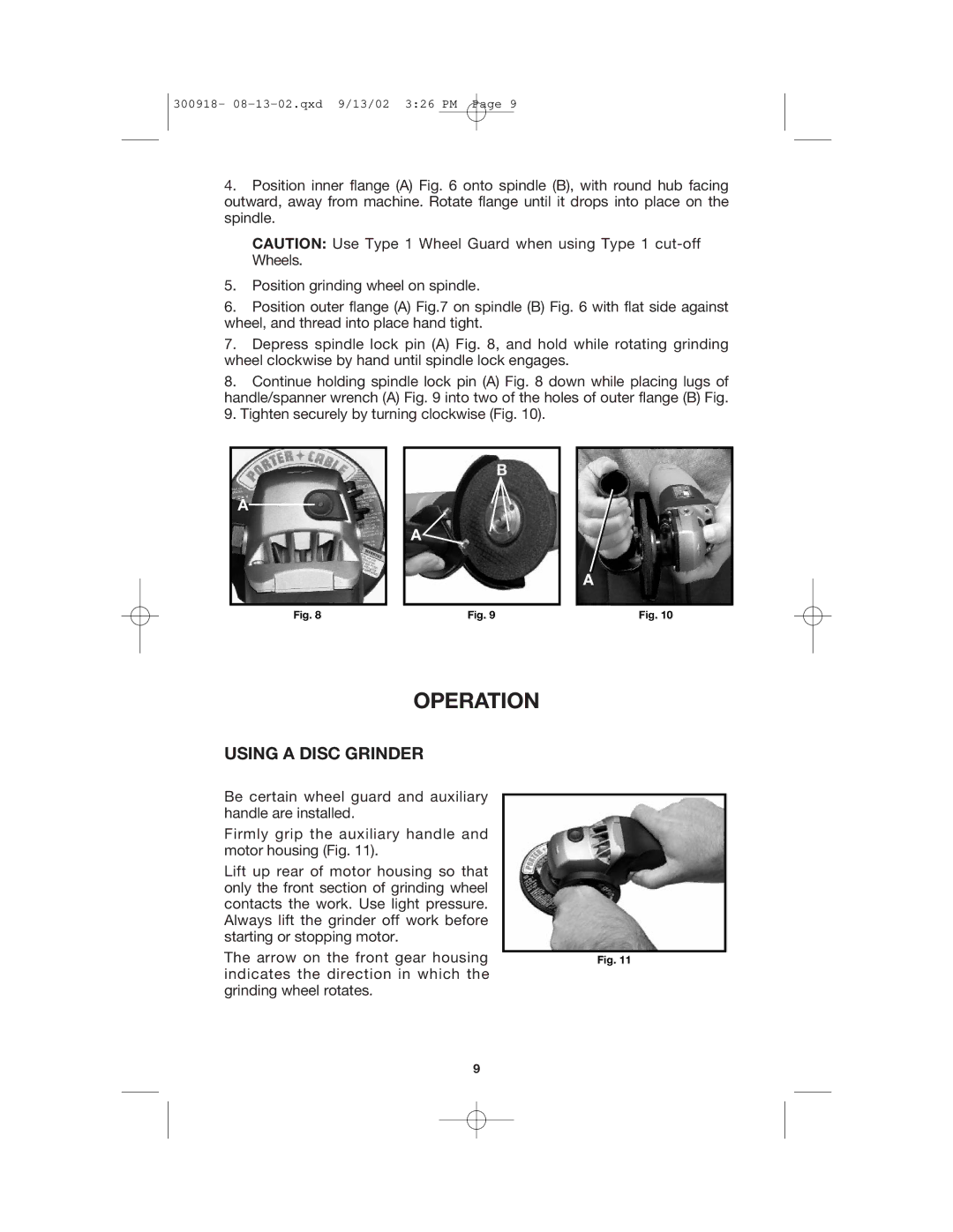 Porter-Cable 7418 instruction manual Operation, Using a Disc Grinder 