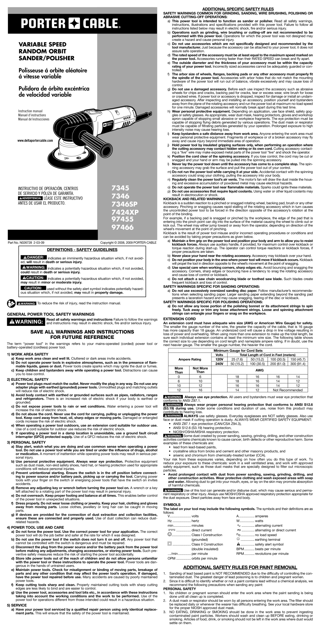 Porter-Cable 7346, 7424XP, 7345, 97455, 97466 instruction manual Save all warnings and instructions For future reference 