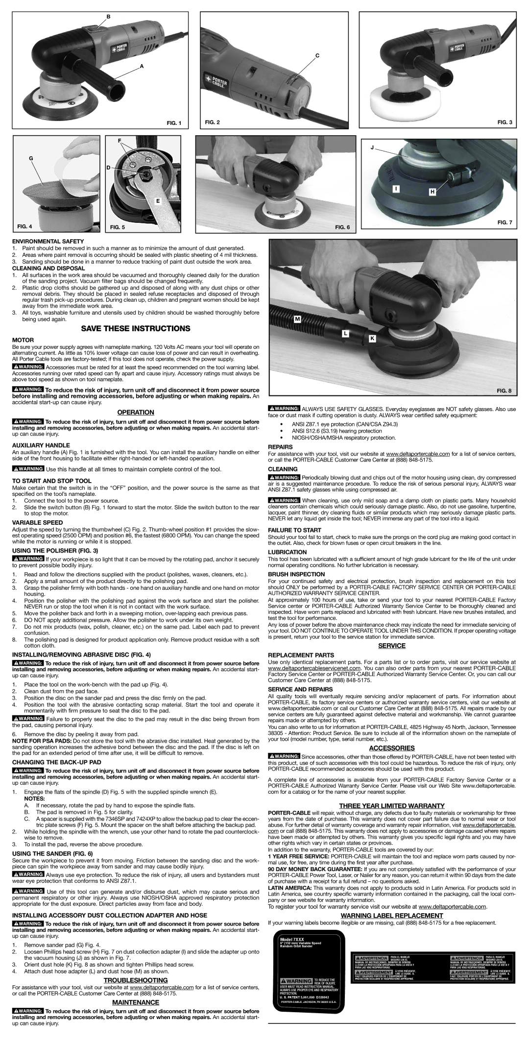 Porter-Cable 7345, 7424XP, 7346 Operation, Troubleshooting Maintenance, Service, Accessories, Three Year Limited Warranty 