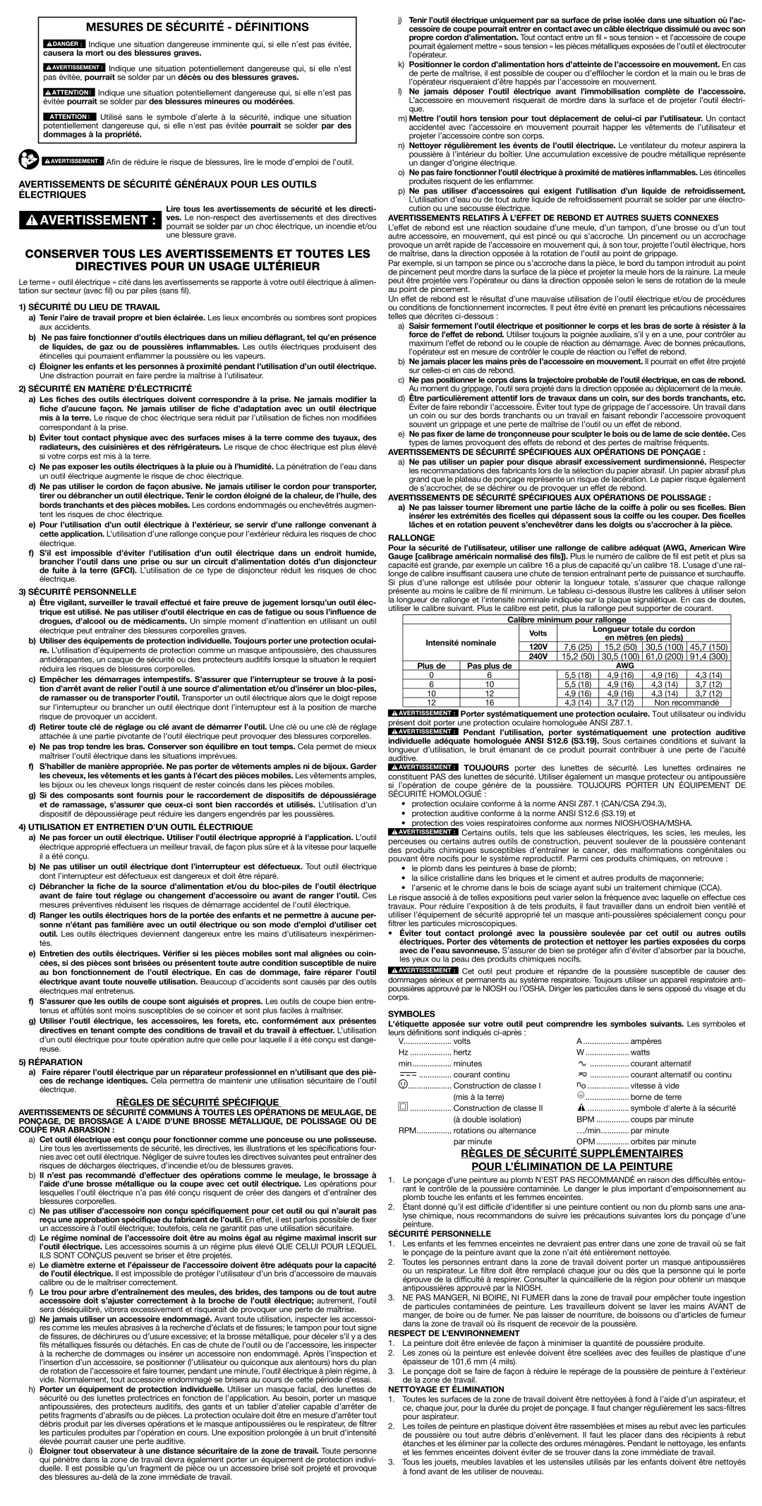 Porter-Cable 97455, 7424XP, 7345, 97466, 7346SP Mesures DE Sécurité Définitions, Règles de sécurité spécifique, Symboles 