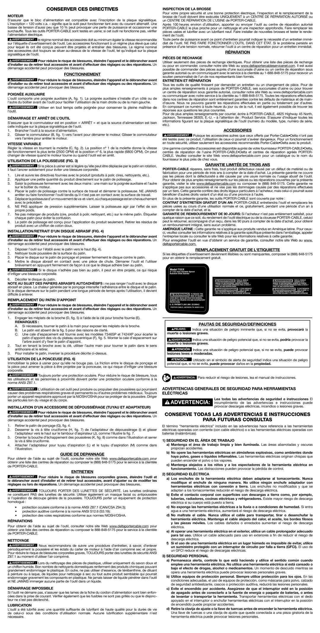 Porter-Cable 97466, 7424XP, 7345, 97455, 7346SP instruction manual Conserver ces directives 