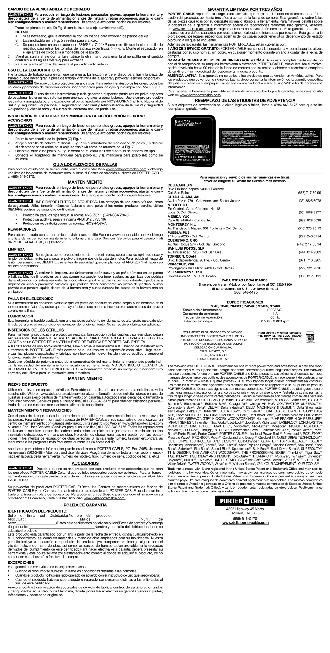 Porter-Cable 7424XP, 7346, 7345 Garantía limitada por tres años, Reemplazo DE LAS Etiquetas DE Advertencia, Accesorios 