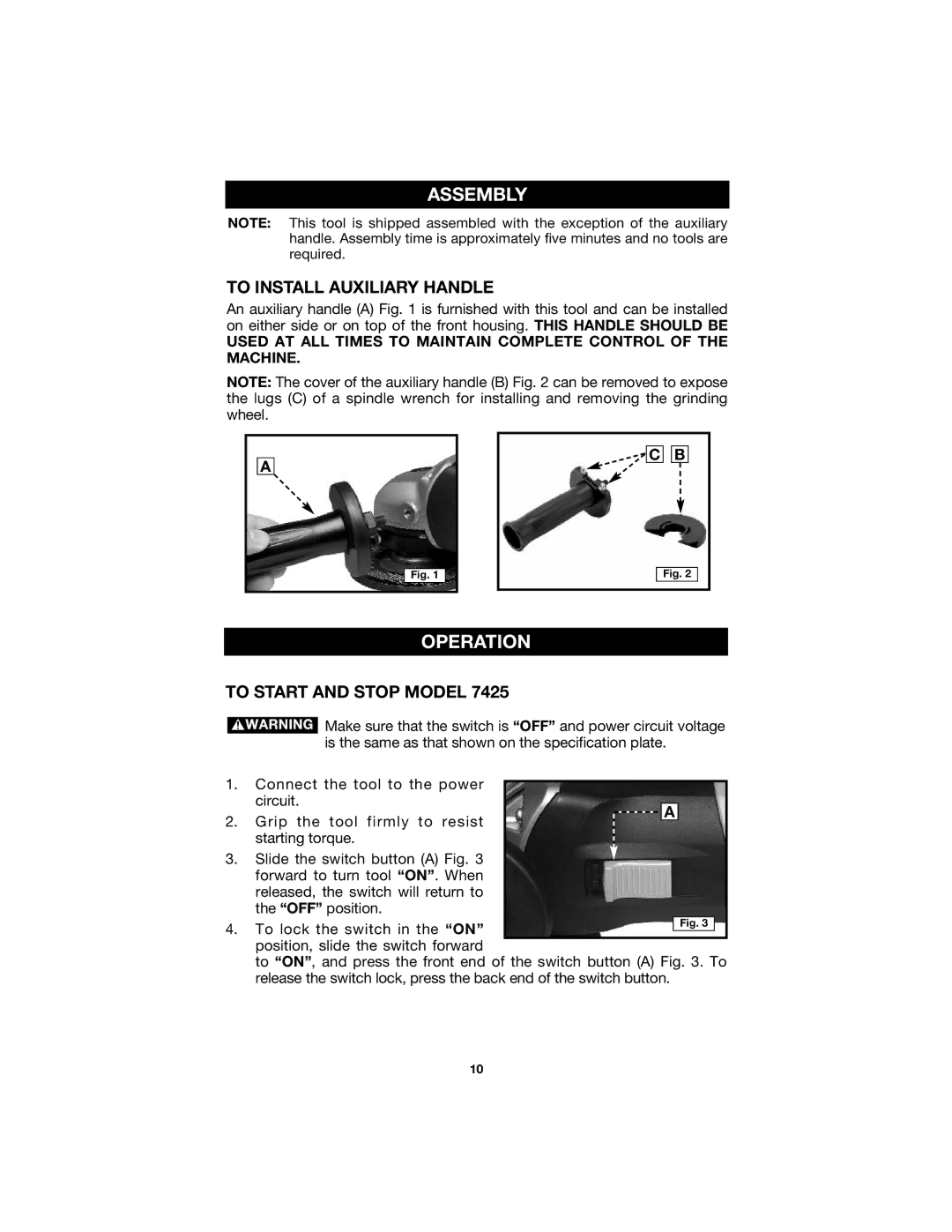 Porter-Cable 7425, 7429 instruction manual Assembly, Operation, To Install Auxiliary Handle, To Start and Stop Model 