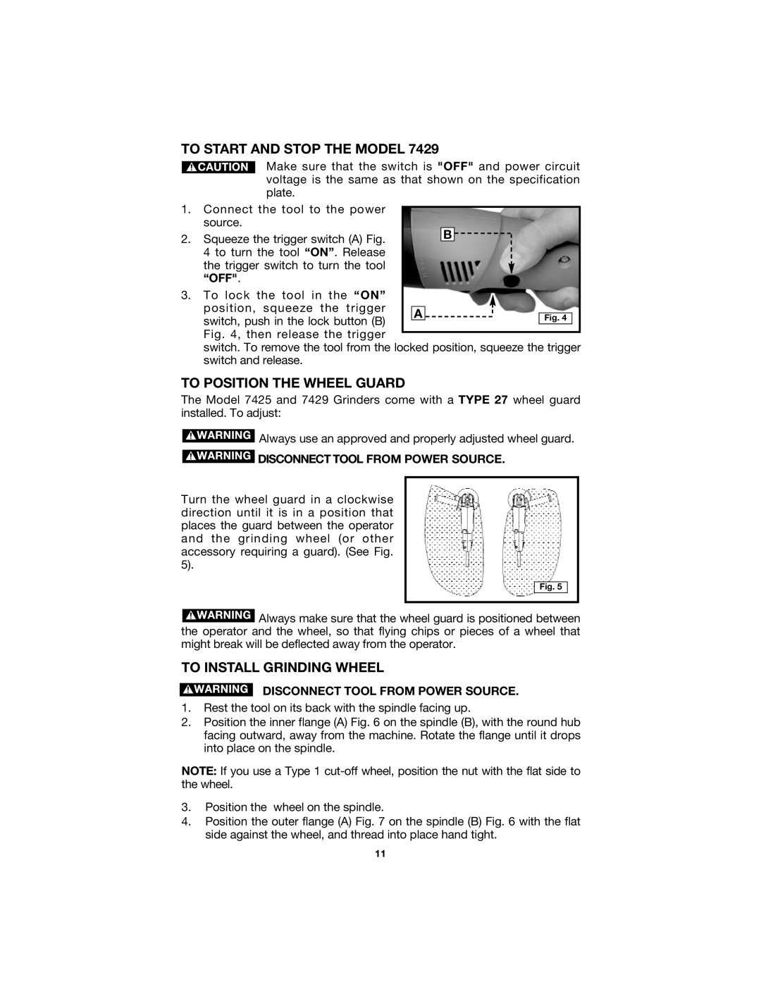 Porter-Cable 7429, 7425 To Start and Stop the Model, To Position the Wheel Guard, To Install Grinding Wheel 