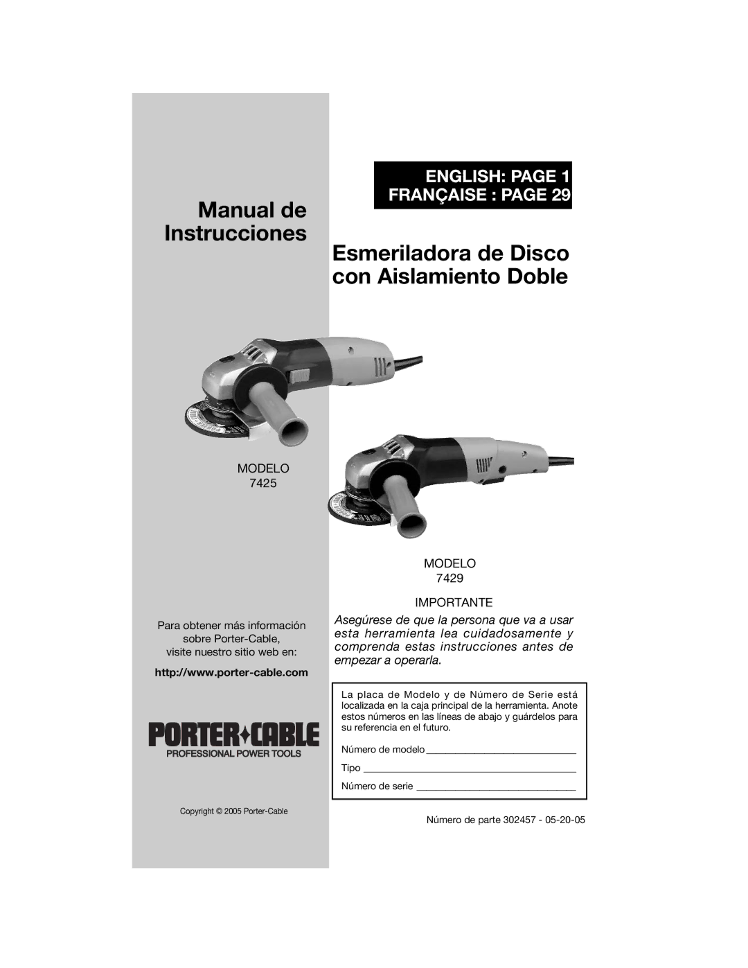 Porter-Cable 7429, 7425 instruction manual English Française 