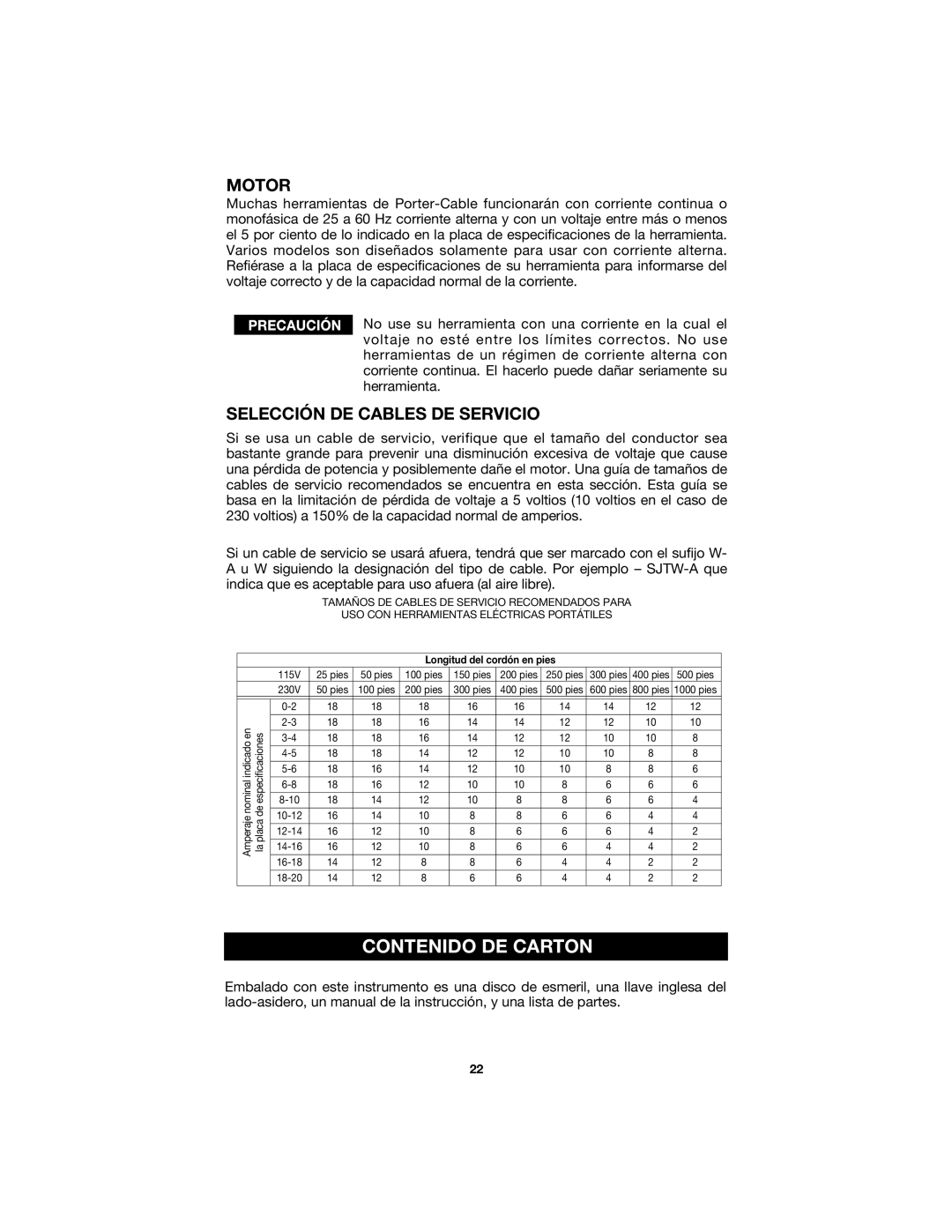 Porter-Cable 7425, 7429 instruction manual Contenido DE Carton, Selección DE Cables DE Servicio 