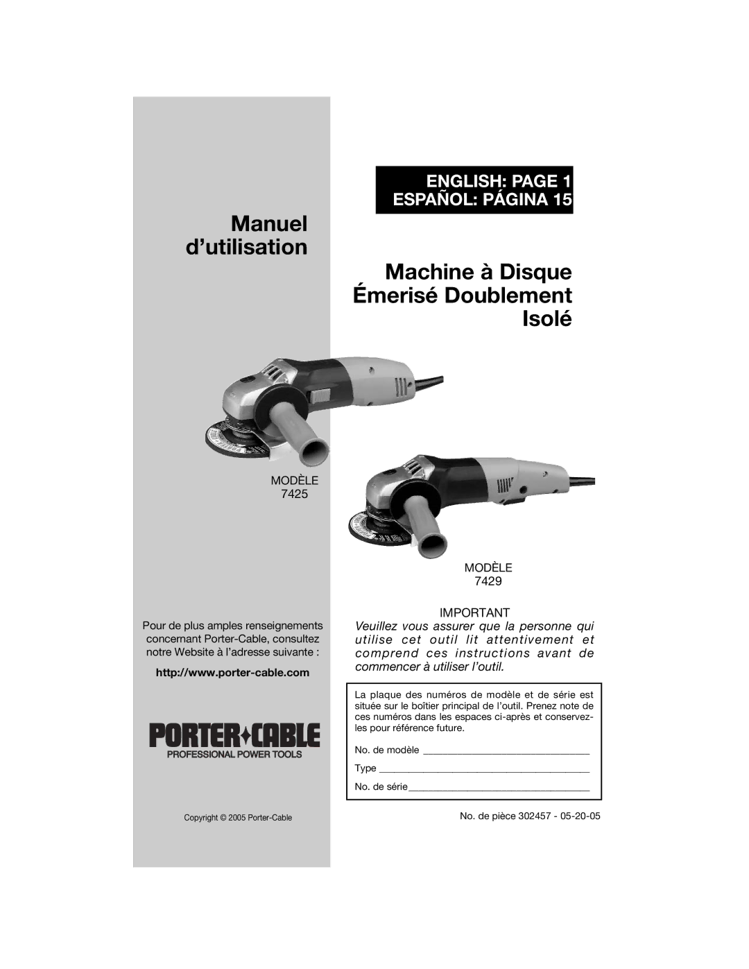 Porter-Cable 7429, 7425 instruction manual English Español Página 