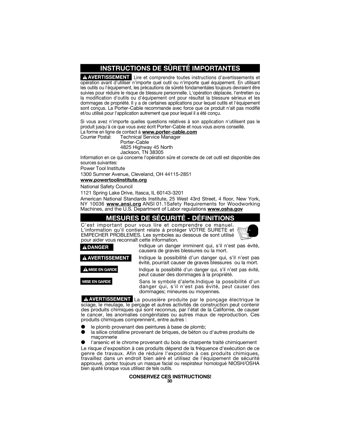 Porter-Cable 7425, 7429 instruction manual Instructions DE Sûreté Importantes, Mesures DE Sécurité Définitions 