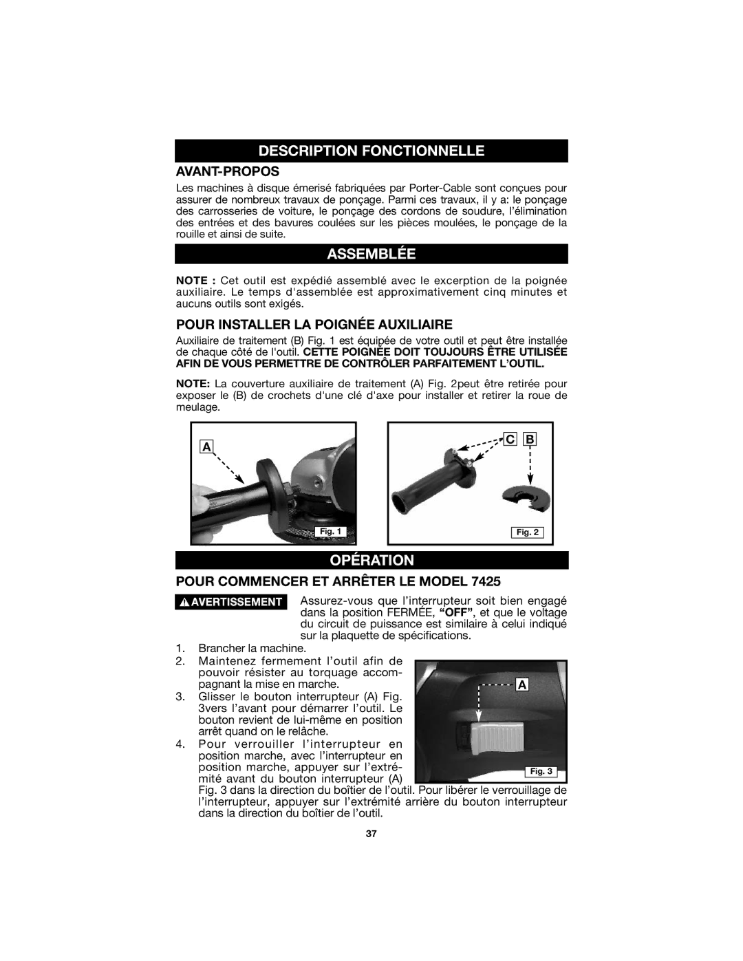 Porter-Cable 7429, 7425 instruction manual Description Fonctionnelle, Assemblée, Opération 