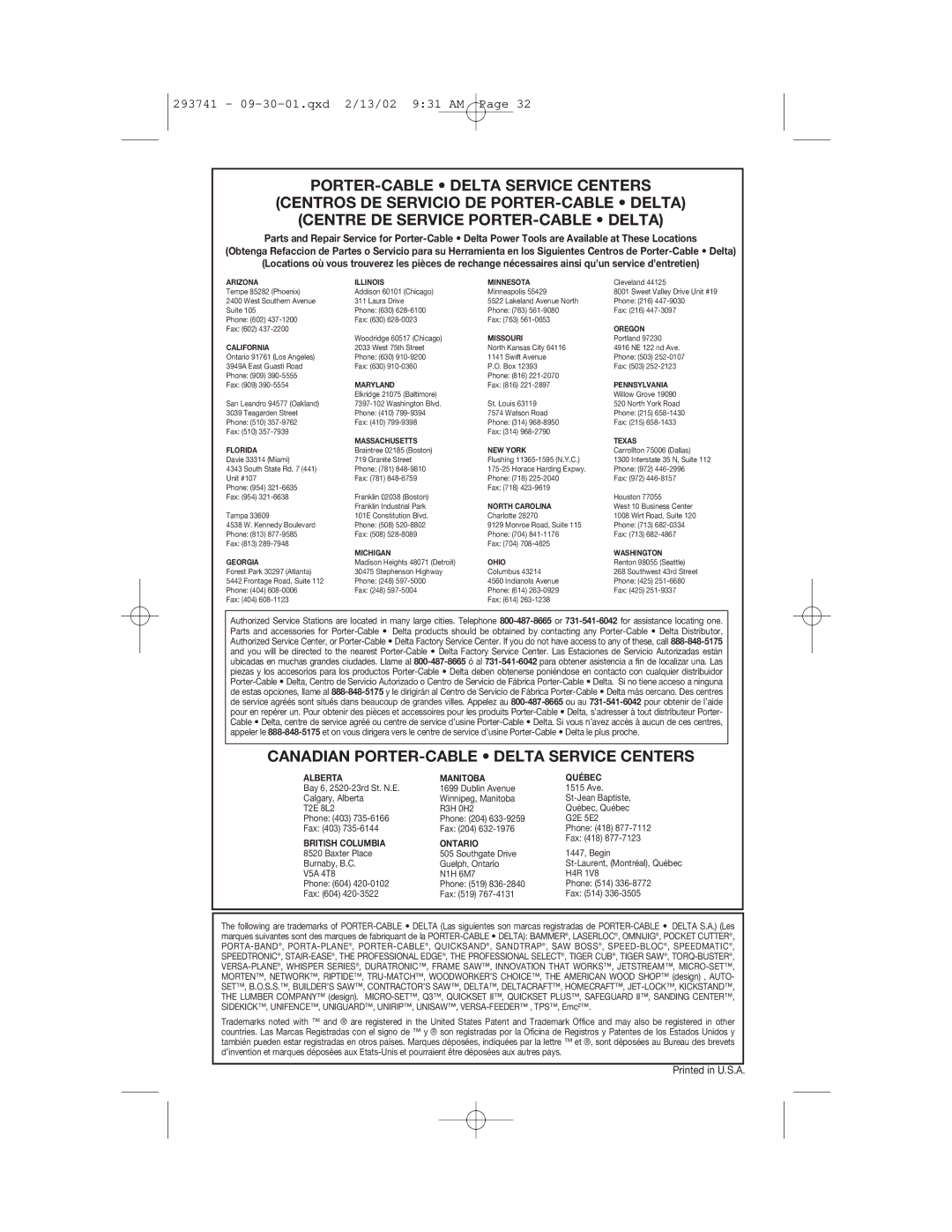 Porter-Cable 7428 instruction manual Canadian PORTER-CABLE Delta Service Centers 