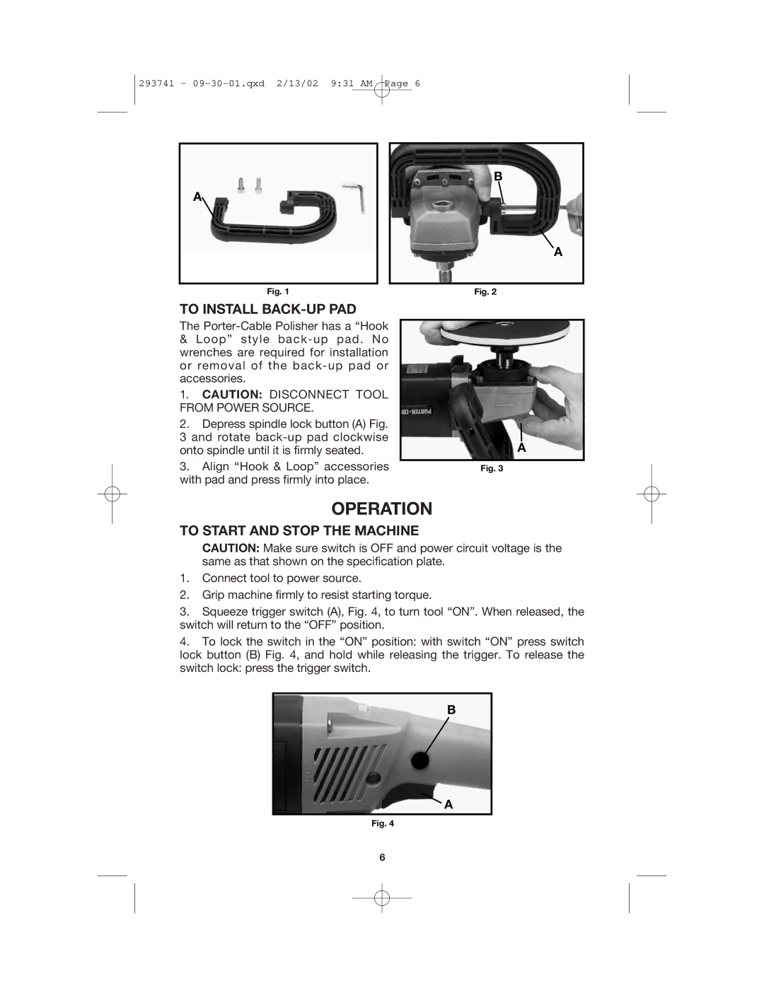 Porter-Cable 7428 instruction manual Operation, To Install BACK-UP PAD, To Start and Stop the Machine 