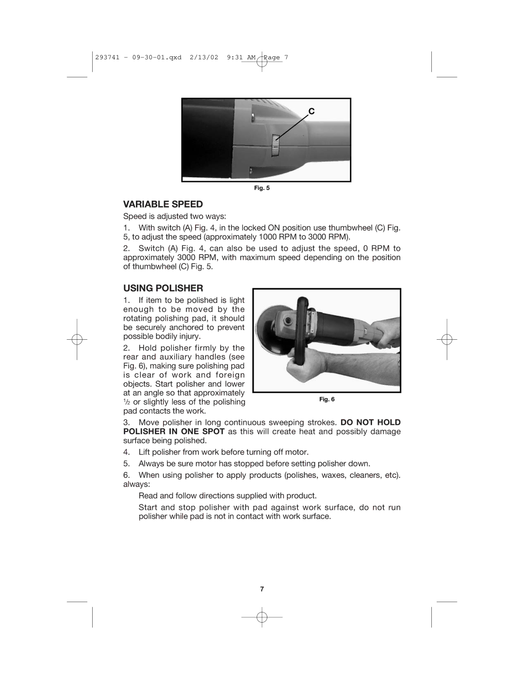 Porter-Cable 7428 instruction manual Variable Speed, Using Polisher 