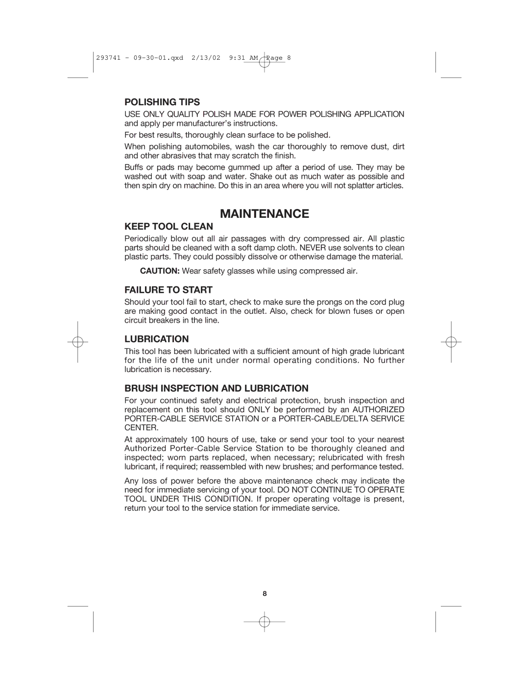 Porter-Cable 7428 instruction manual Maintenance 