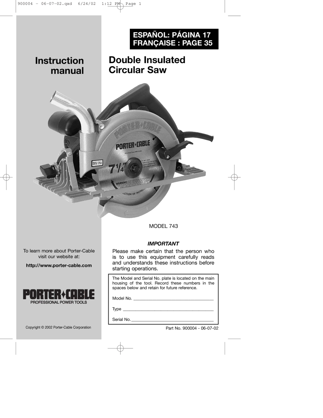 Porter-Cable 743 instruction manual Double Insulated 