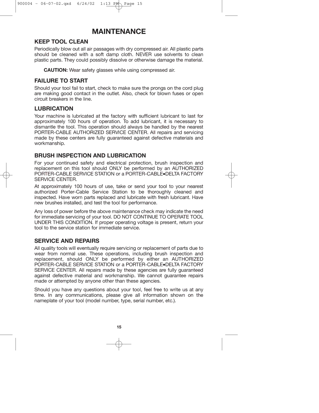 Porter-Cable 743 instruction manual Maintenance 