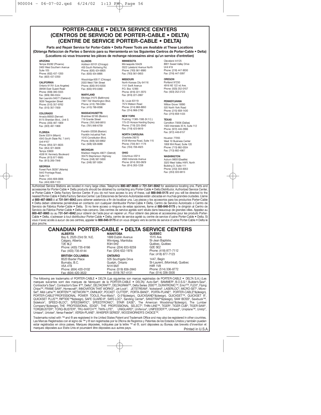 Porter-Cable 743 instruction manual Canadian PORTER-CABLE Delta Service Centers 