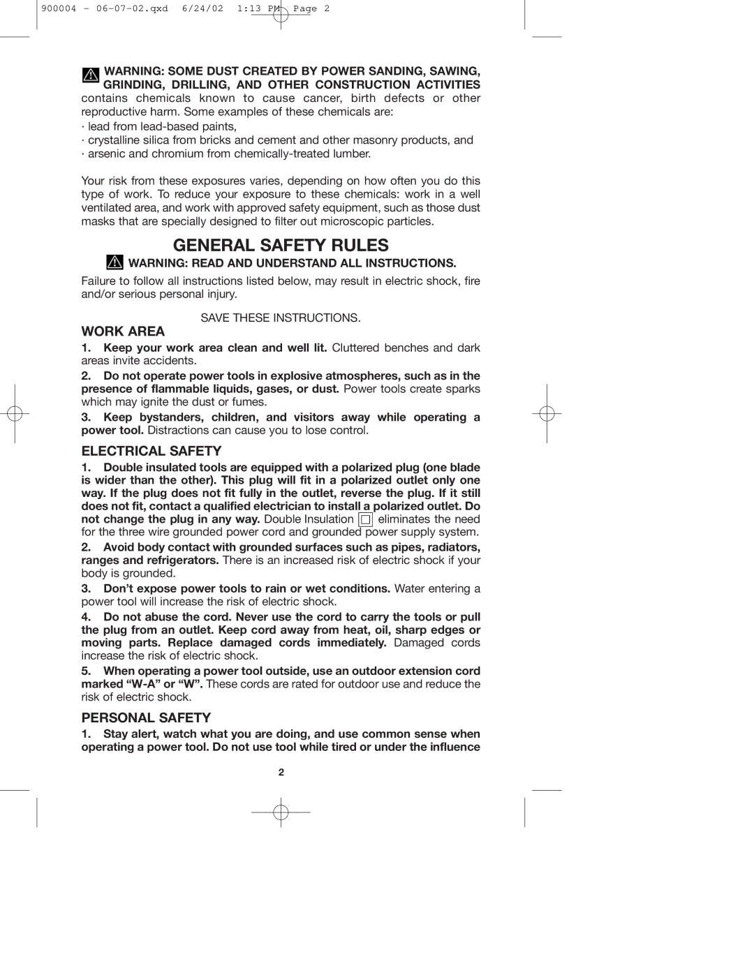 Porter-Cable 743 instruction manual General Safety Rules, Work Area, Electrical Safety, Personal Safety 