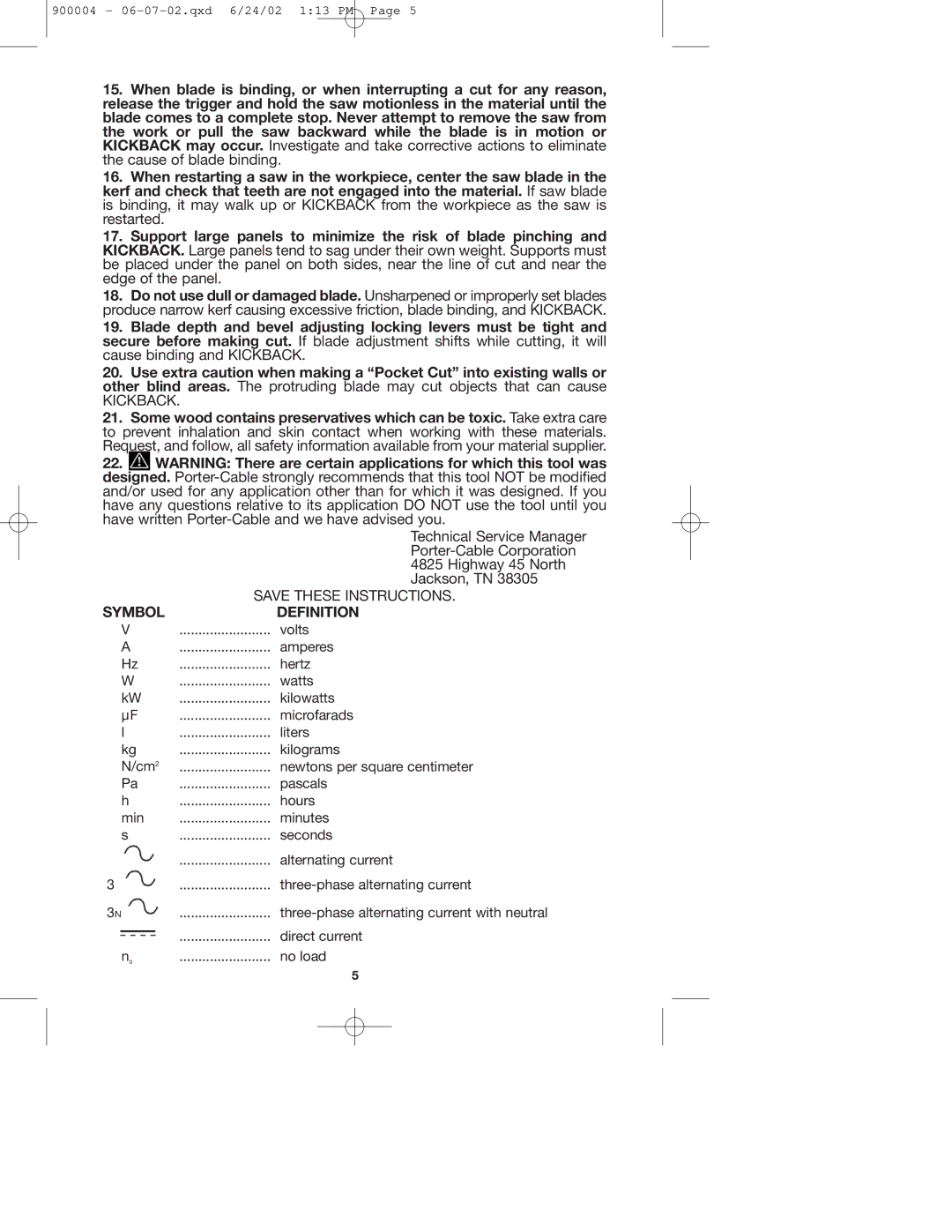 Porter-Cable 743 instruction manual Symbol Definition 