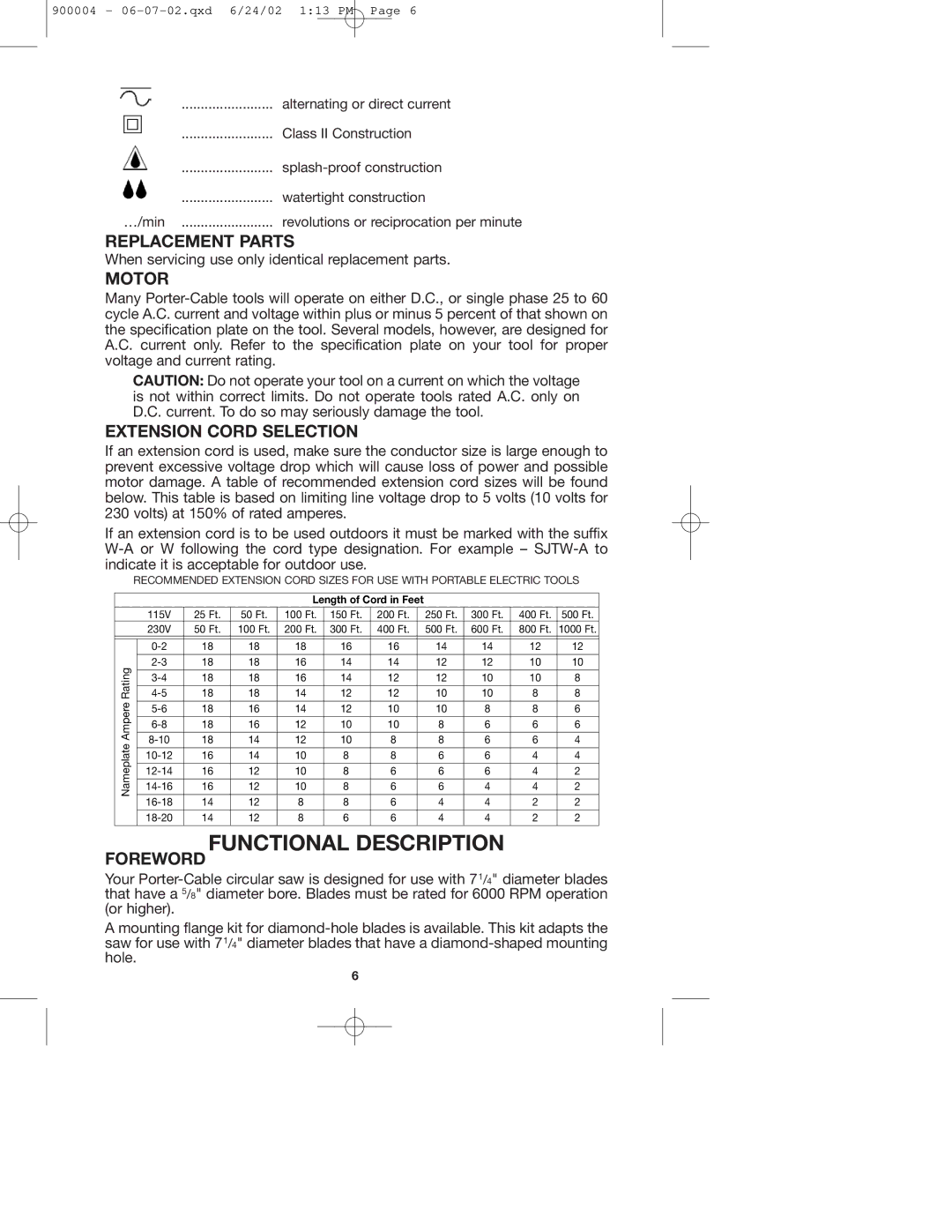 Porter-Cable 743 instruction manual Functional Description, Replacement Parts, Motor, Extension Cord Selection, Foreword 