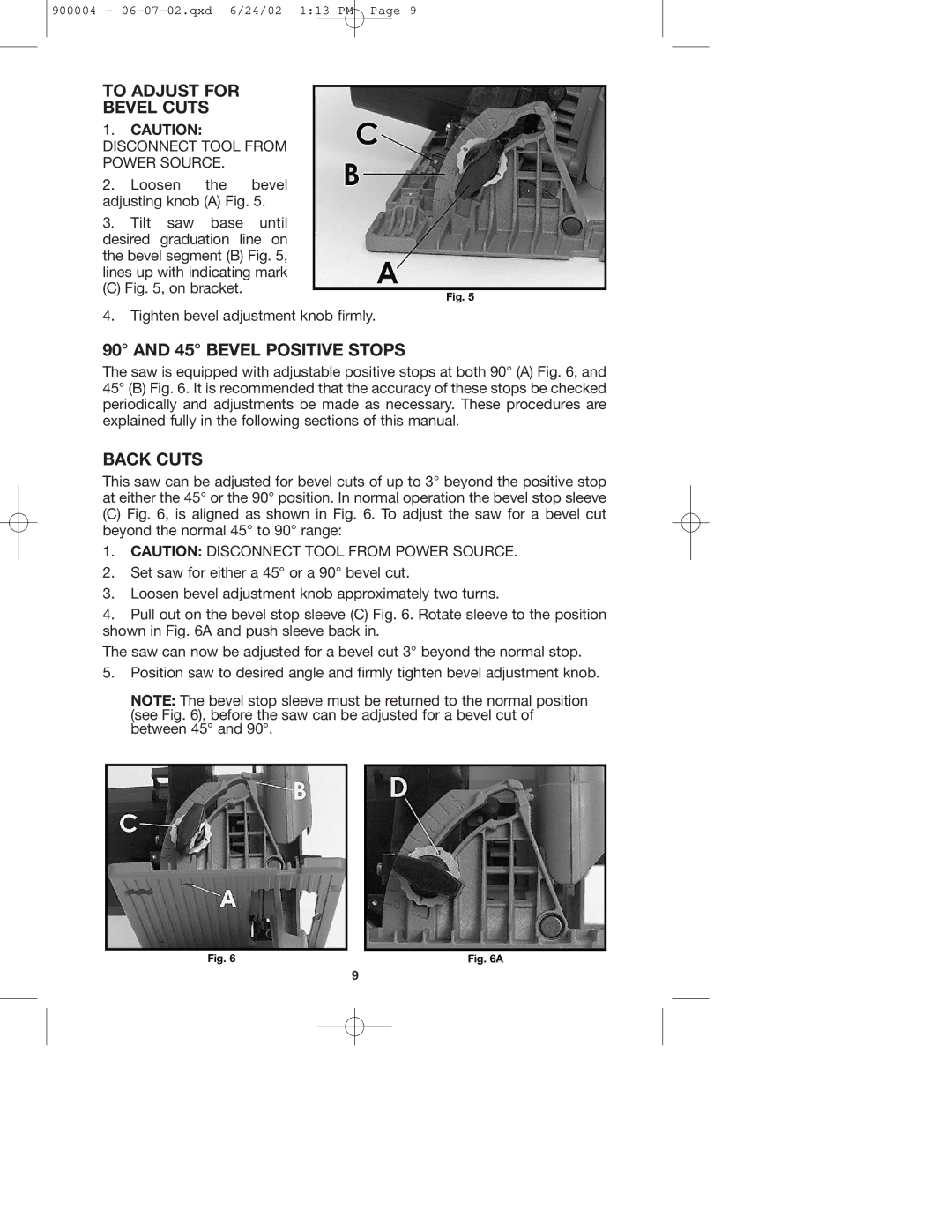 Porter-Cable 743 instruction manual To Adjust for Bevel Cuts, Bevel Positive Stops, Back Cuts 