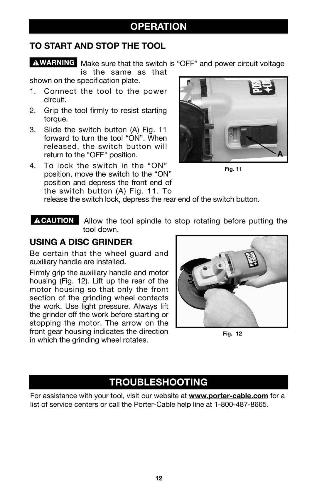 Porter-Cable 7430 instruction manual Operation, Troubleshooting, To Start and Stop the Tool, Using a Disc Grinder 