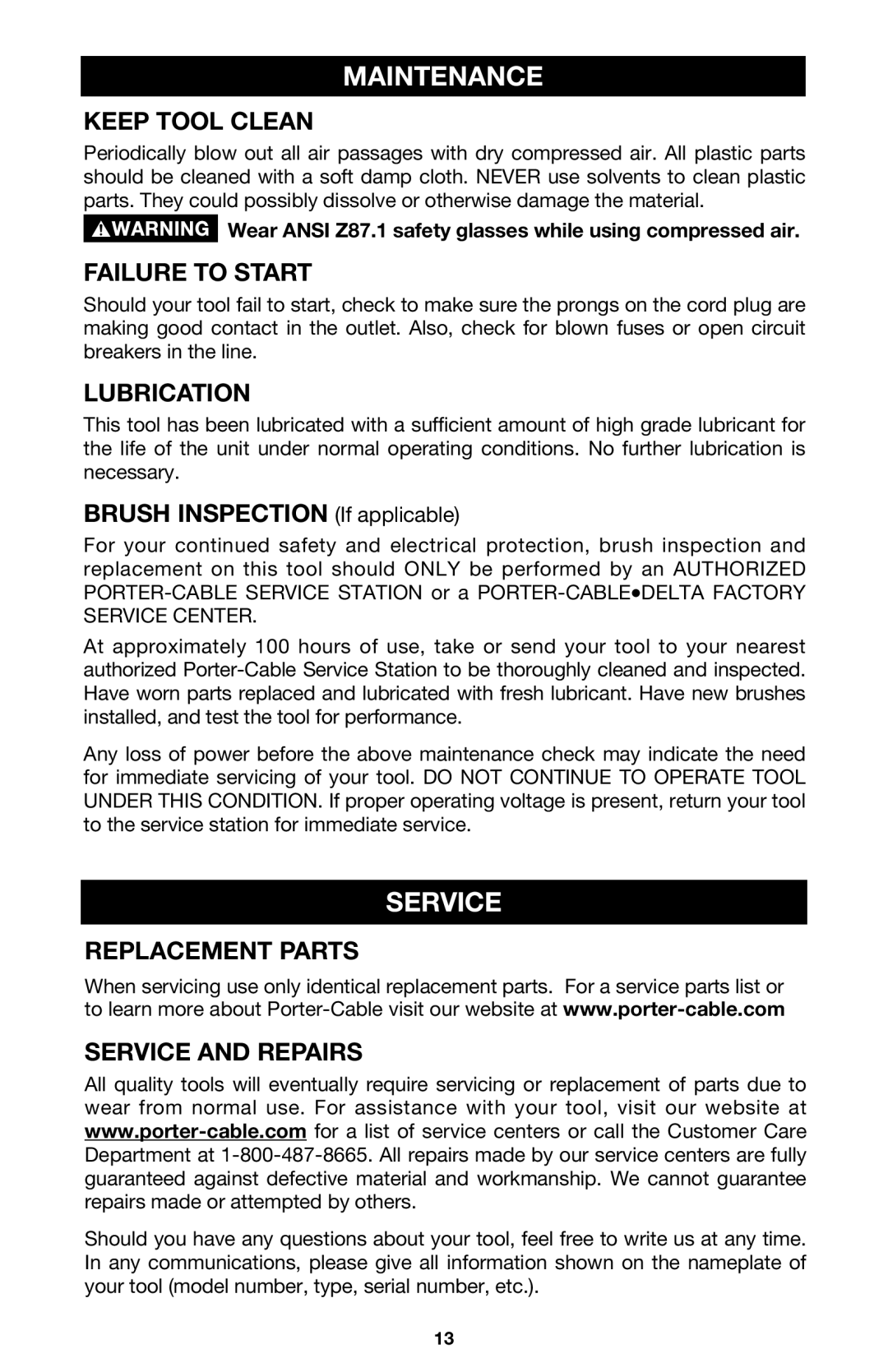 Porter-Cable 7430 instruction manual Maintenance, Service 