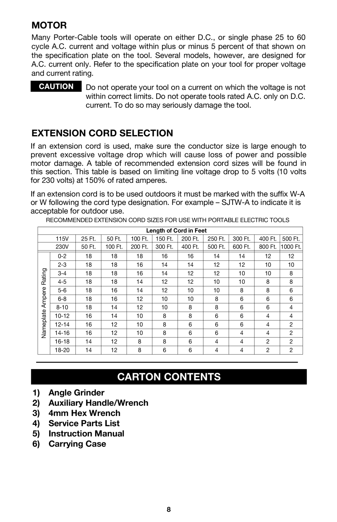 Porter-Cable 7430 instruction manual Carton Contents, Motor, Extension Cord Selection 