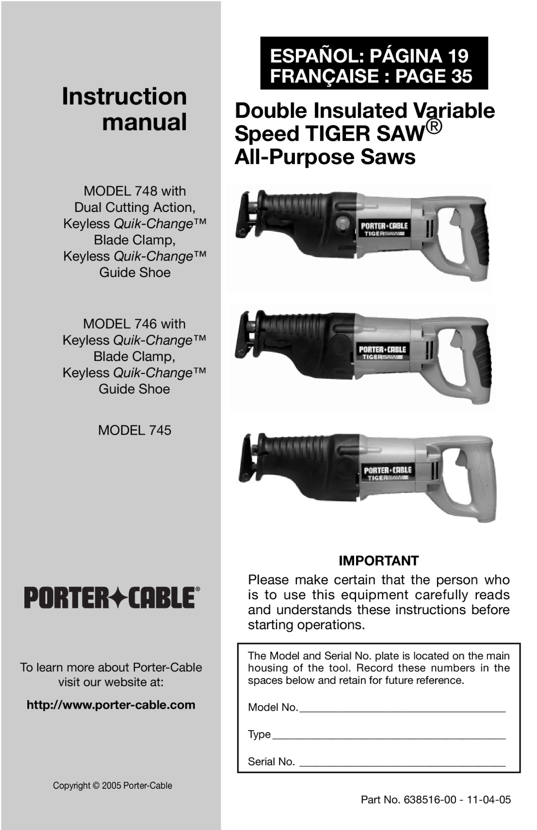 Porter-Cable 745, 746, 748 instruction manual Double Insulated Variable Speed Tiger SAW All-Purpose Saws 