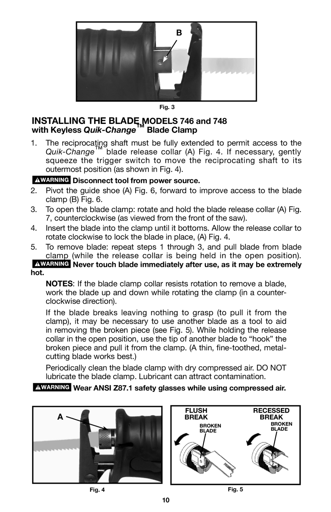 Porter-Cable 745, 746, 748 instruction manual Wear Ansi Z87.1 safety glasses while using compressed air 