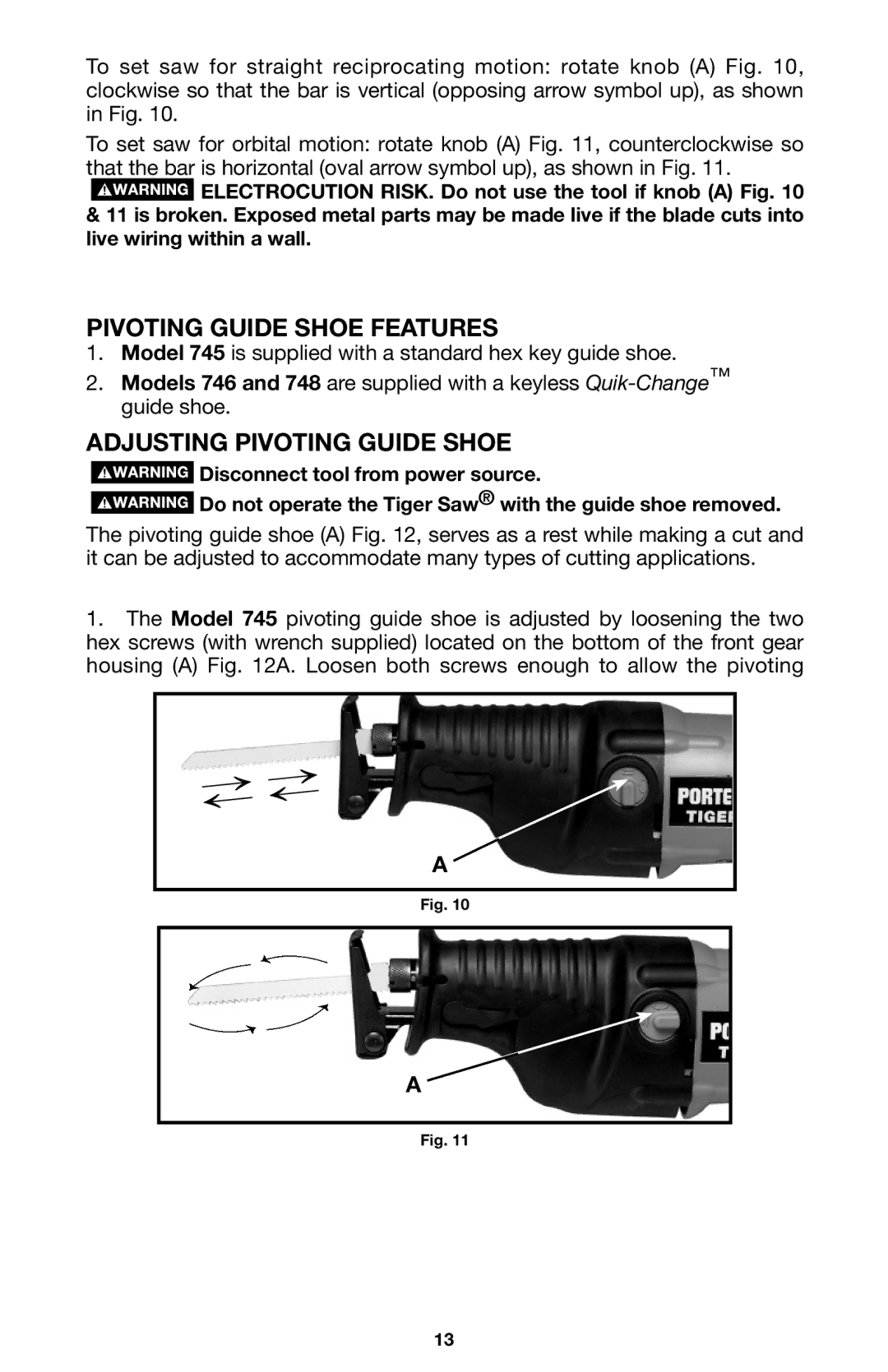 Porter-Cable 745, 746, 748 instruction manual Pivoting Guide Shoe Features, Adjusting Pivoting Guide Shoe 